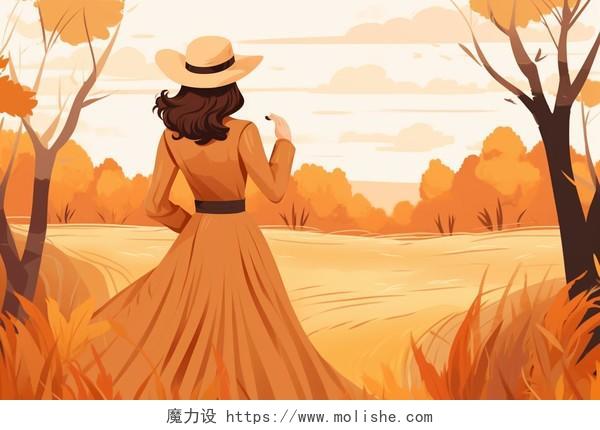 秋天一个戴着帽子的女孩站在左边背影卡通AI插画立秋